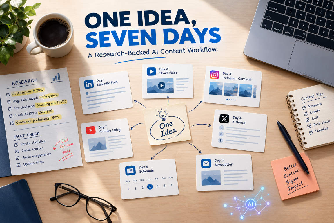Cover image for "One Idea, Seven Days: A Research-Backed Workflow for AI-Assisted Social Content"